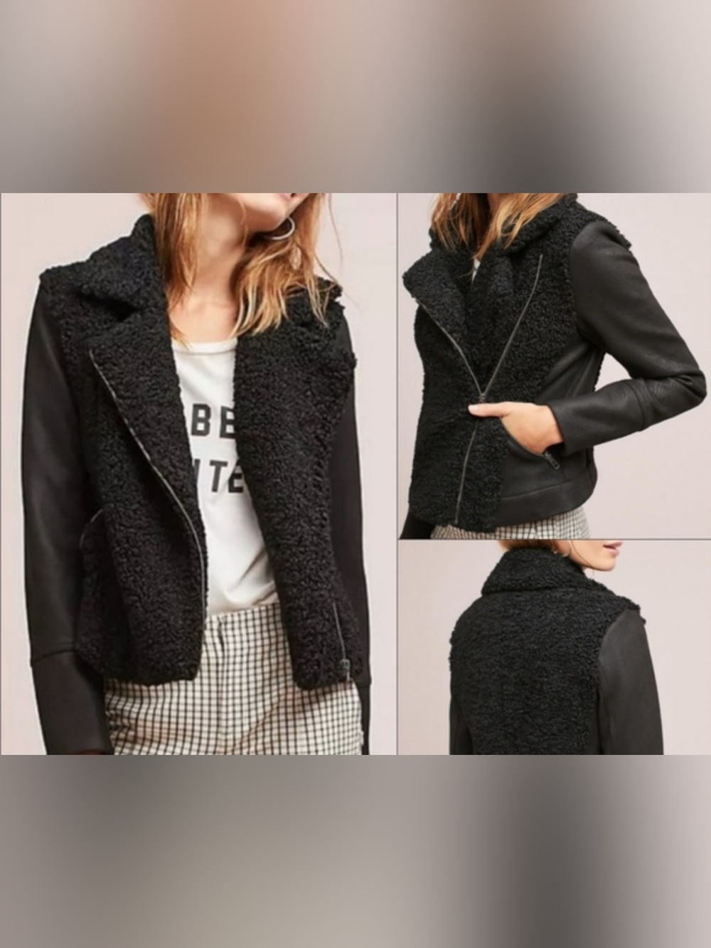 Anthropologie-Greylin Black Teddy Sherpa Moto Jacket-M